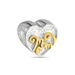 Pandora Mix Golden Word MOM Two Tone Silver Heart Charm