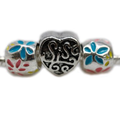 Pandora Set Of 3 Sis Heart With 2 Multi Color Flower Silver Charm