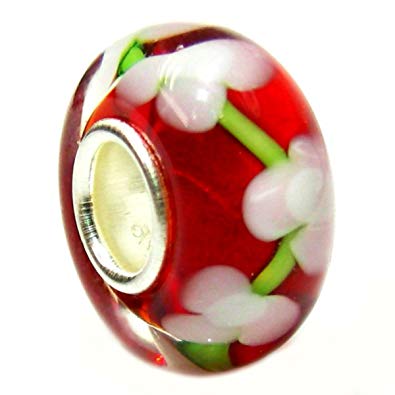Pandora White Flower Red Murano Glass Charm